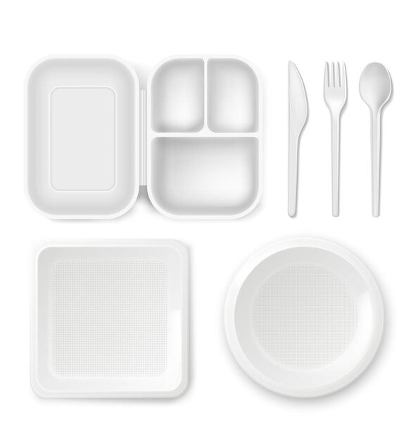 Одноразовая пластиковая векторная иллюстрация вектора посуды 3D реалистичной ланчбоксовой тарелки и ложки столовых приборов, ножа или вилки изолированные иконы

