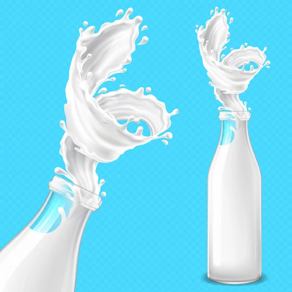 Botella de vidrio vector realista con leche y salpicadura — Archivo Imágenes Vectoriales