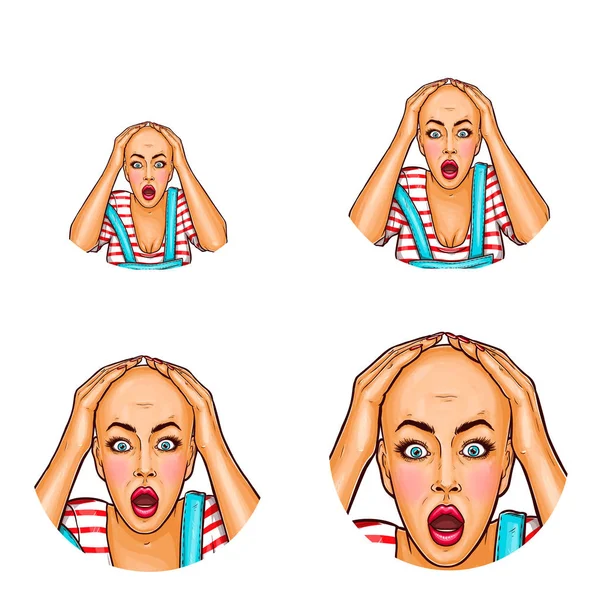 Vector pop art avatar de menina chocada após quimioterapia ou corte de cabelo ruim. Ícone da mulher careca com câncer para bate-papo, blog —  Vetores de Stock
