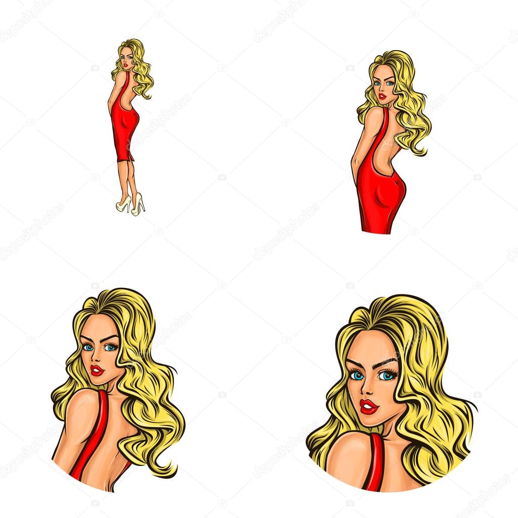 Vector pop art social network user avatars of young blonde girl in red dress sexy turned back head. Retro sketch profile icons