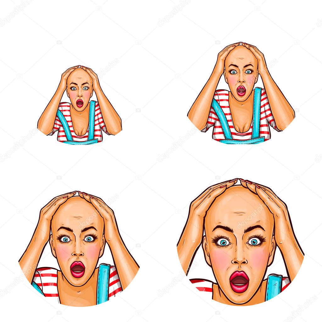 Vector pop art avatar of shocked girl after chemotherapy or bad haircut. Icon of bald woman with cancer for chat, blog