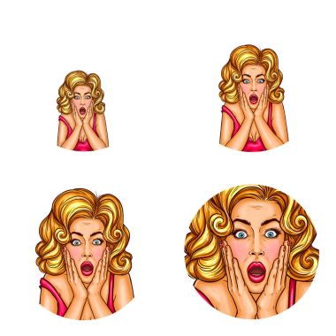 Vektör pop sanat avatar açılan ağzı sürpriz kız. Blog, sohbet için beyaz arka plan üzerinde şok kadının simgesi