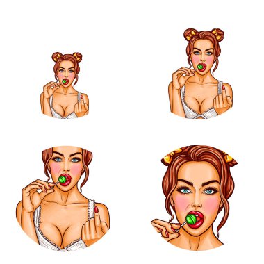 Vektör pop sanat avatar açılan ağzı seksi kız. Simge kadının blog, sohbet için beyaz arka plan üzerinde pin