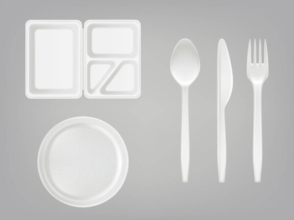 Vector 3d realistic disposable plastic lunch box, plate, spoon, fork, knife. Picnic tableware set on gray background.