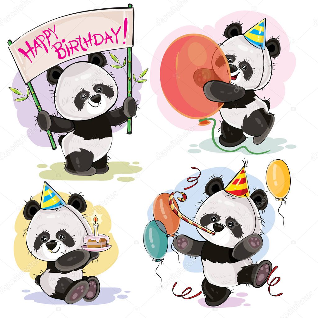 Happy birthday vector set with baby panda bears