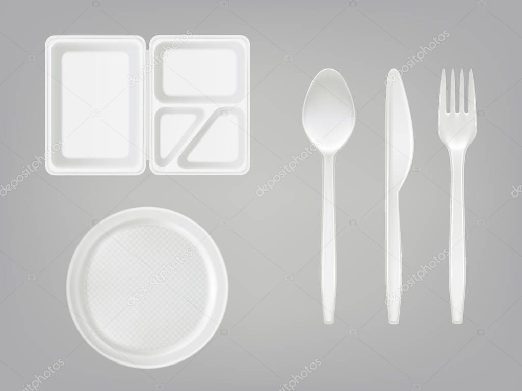 Vector 3d realistic disposable plastic lunch box, plate, spoon, fork, knife. Picnic tableware set on gray background.