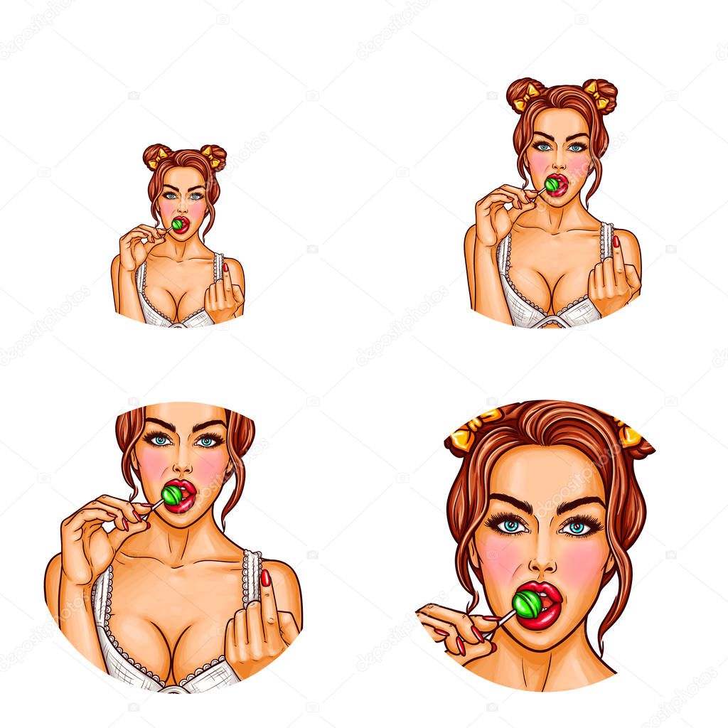 Vector pop art avatar of sexy girl with opened mouth. Pin up icon of woman on white background for blog, chat