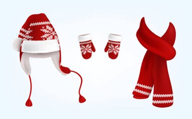3B vektör Santa şapka, eldiven ve atkı örgü