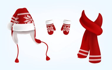 3D vector knitted santa hat, mittens and scarf clipart
