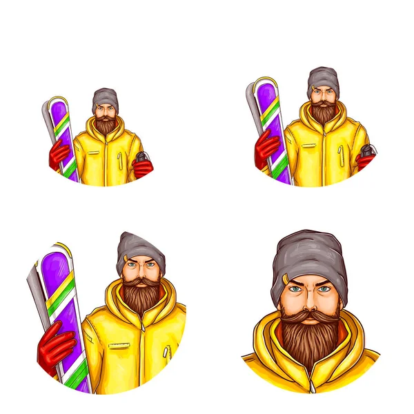 Vector pop art avatar de snowboarder, icono de hombre barbudo de dibujos animados en traje de snowboard, celebración de snowboard para chatear, blog — Vector de stock