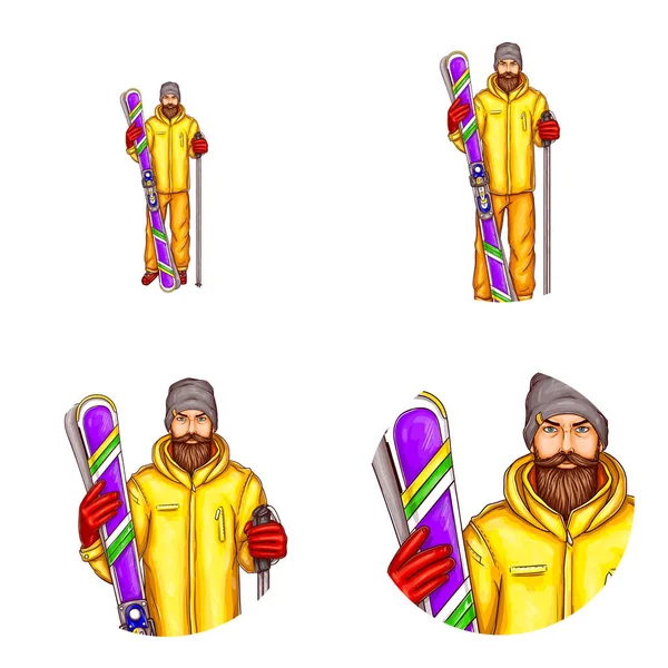 Vector arte pop avatar, icono para el blog, chat de snowboarder - hombre barbudo de dibujos animados en traje de snowboard, la celebración de snowboard — Archivo Imágenes Vectoriales