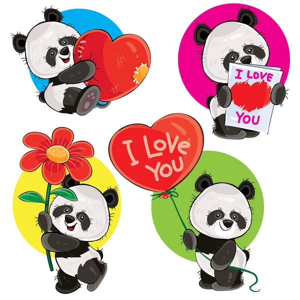 Día de San Valentín vector conjunto con osos panda lindo — Archivo Imágenes Vectoriales