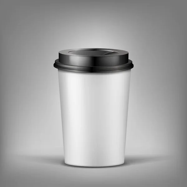 Vecteur 3d tasse réaliste de café avec ombre, récipient en plastique pour boire chaud.Modèle avec tasse, couvercle sur fond gris — Image vectorielle