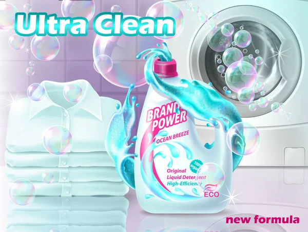 Banner promocional realista vectorial de detergente líquido, cartel para la publicidad de lavado en polvo en botella. 3d plantilla de producto — Vector de stock