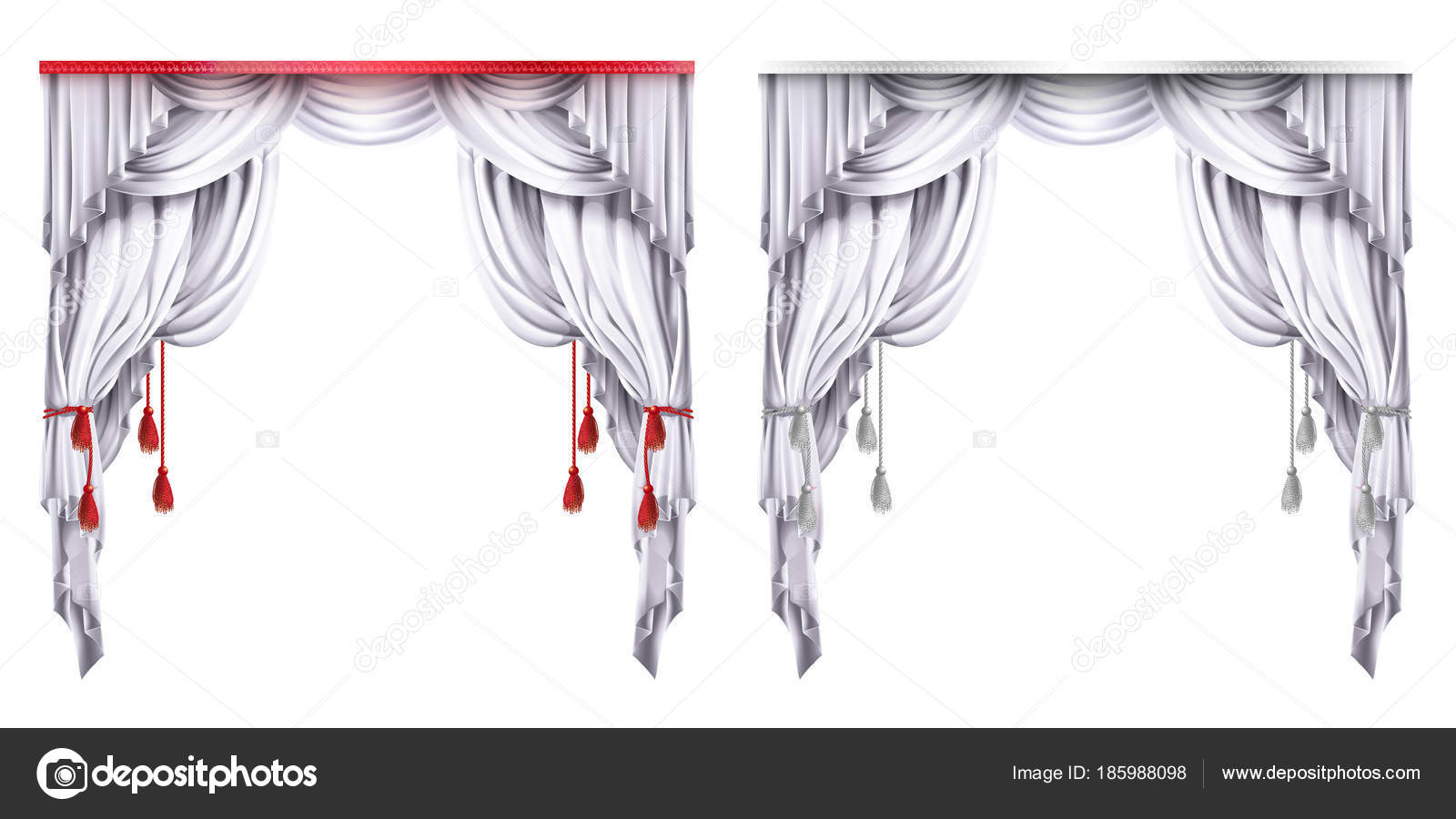 Vector zijde, velours gordijnen met rode of witte kwasten. Theatrale ... Vector zijde, velours gordijnen met rode of witte kwasten. Theatrale ...