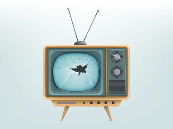Vector illustration of broken retro tv set, television. Injured electric video display for broadcasting, news. — Stock Vector