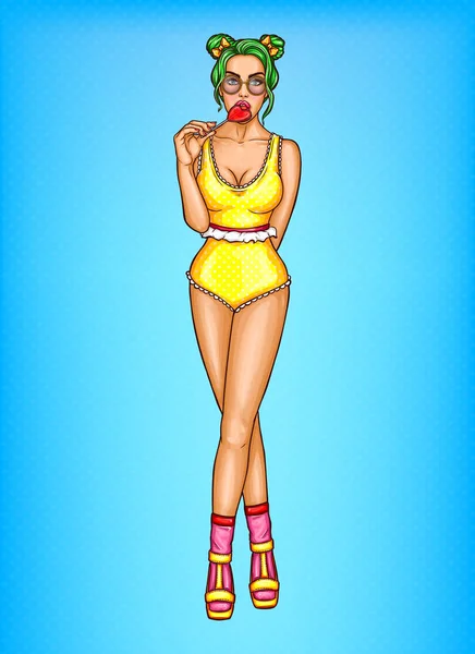 Vector pop art pin up sexy girl in swimsuit sucks red lollipop. Naked woman in glasses, painted lips. Flirting concept. — Stock Vector