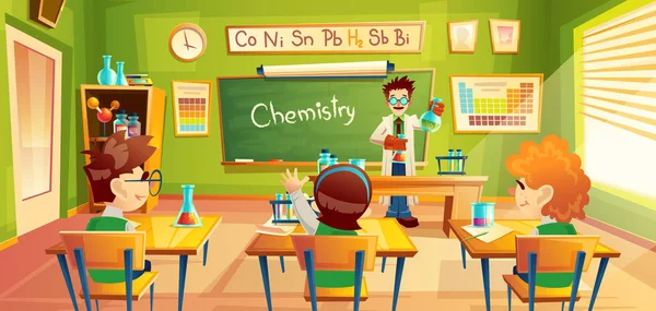 Niños en la lección de química, ilustración vectorial — Vector de stock