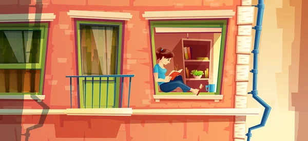 Ilustração vetorial de menina lendo o livro na janela do apartamento de vários andares, construindo fora do conceito, paisagem urbana — Vetor de Stock