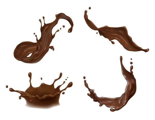 Ilustração vetorial de chocolate quente, cacau ou café respingo com gotas, bolhas, manchas isoladas em fundo branco . — Vetor de Stock