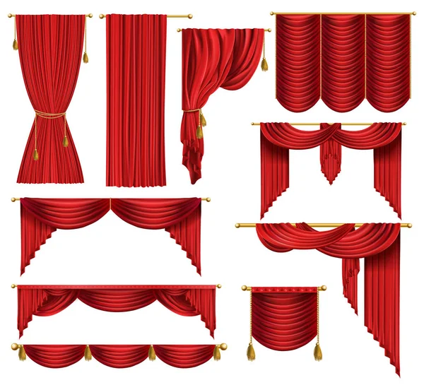 Vector 3d realistic set of red luxury curtains — Stock Vector