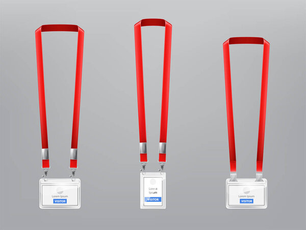 Vector set of ID cards, badges with red lanyards