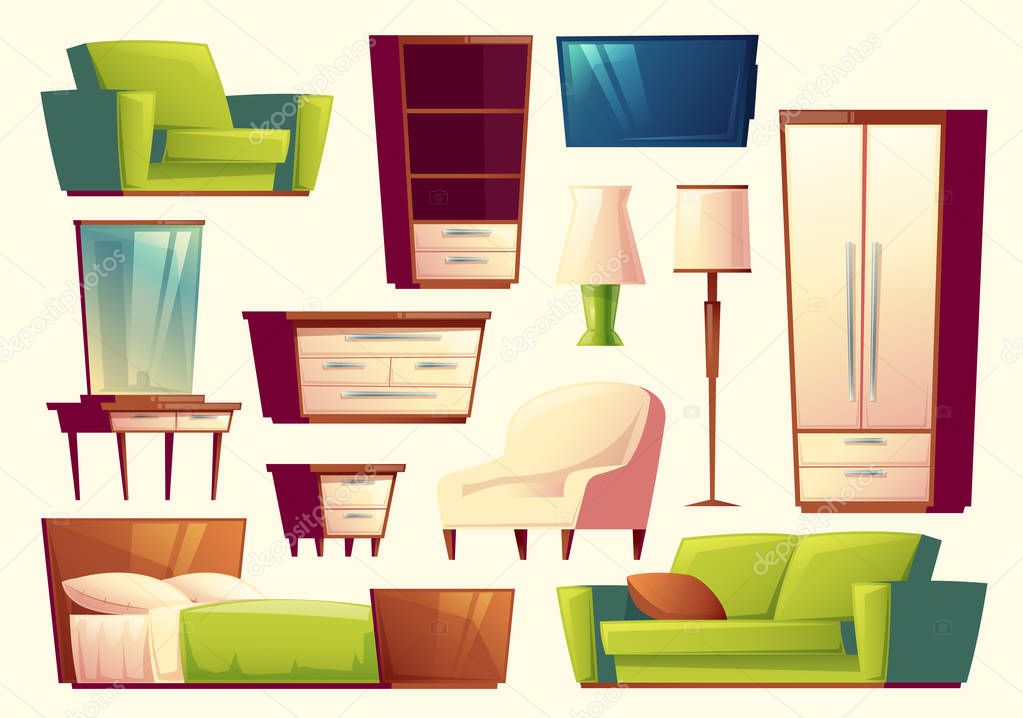 Vector cartoon set of furniture - sofa, bed, closet, armchair, torchere, tv set for bedroom, lounge. Interior concept.