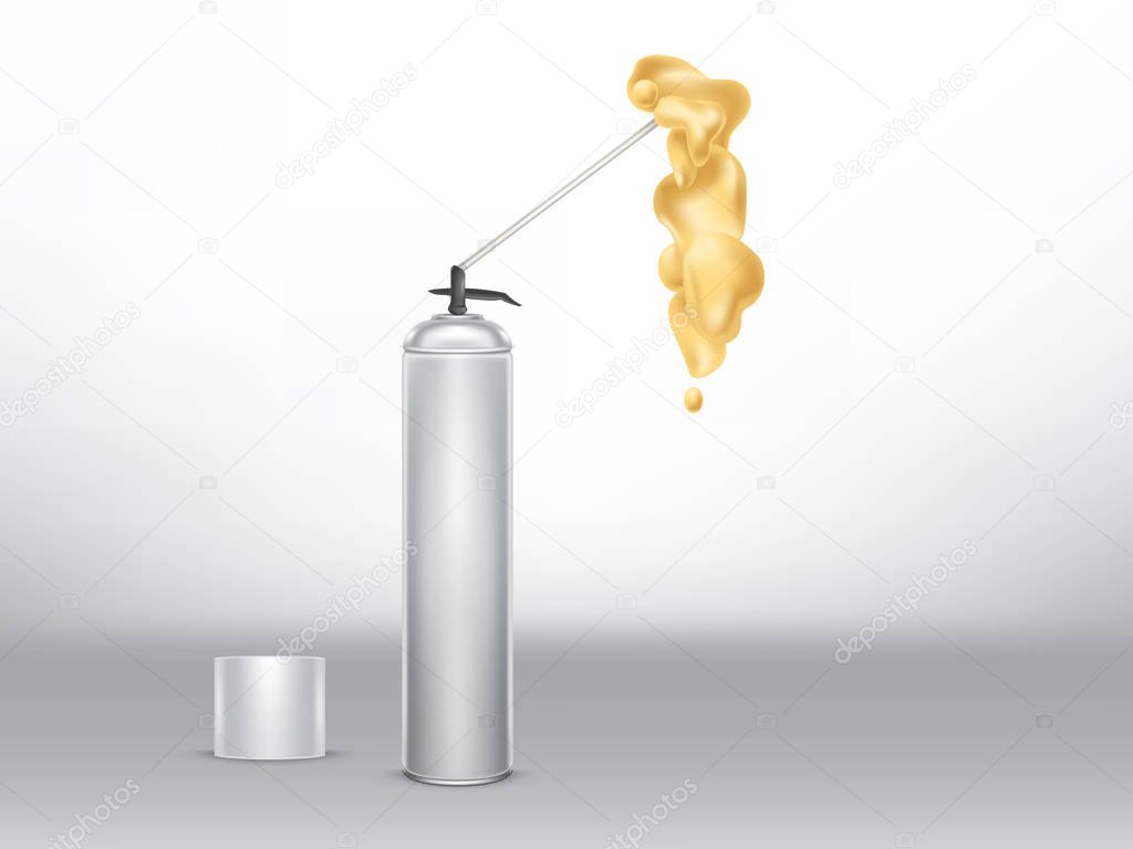 Vector 3d realistic metallic bottle with construction foam, spraying tube with building sealant isolated on background