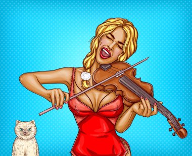 Beyaz kedi ile şarkı vektör pop sanat sarışın kız keman, oynayan kırmızı iç çamaşırı. Seksi kadınla kavramı pin