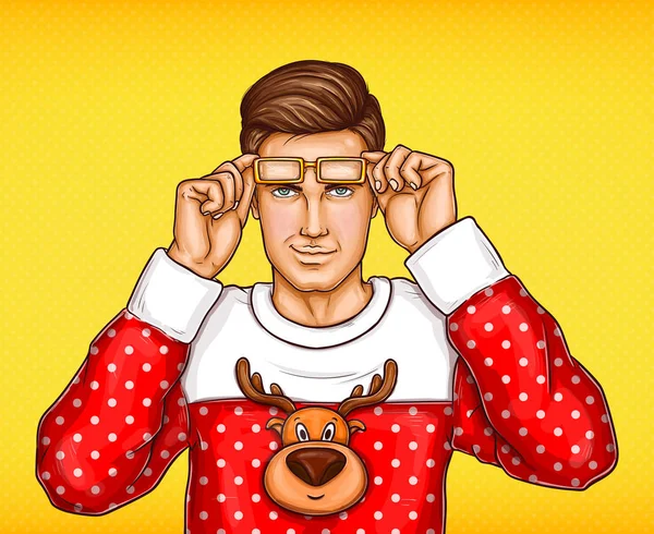 Homem de arte pop vetorial em camisola de estampa de veados de Natal —  Vetores de Stock