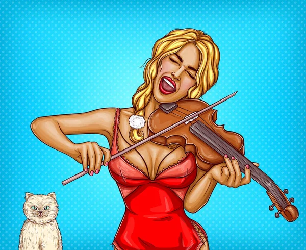 Vecteur pop art fille blonde en lingerie rouge jouer du violon, chant avec chat blanc. Pin up concept avec femme sexy — Image vectorielle