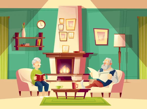 Vektor rajzfilm régi férfi és nő a nappali — Stock Vector