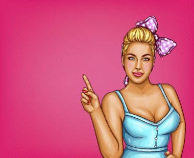 Vektör sarışın kilolu kadın pembe noktalı arka plan, pop art artı bir parmak indirimlerle, işaret boyutu model Satılık