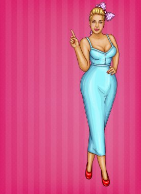 Vektör sarışın kilolu kadın pembe çizgili arka plan, pop art artı bir parmak indirimlerle, işaret boyutu model Satılık