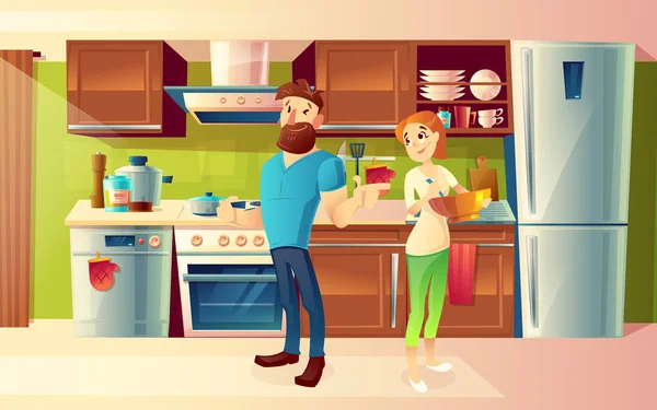 Διάνυσμα κινουμένων σχεδίων ευτυχισμένο ζευγάρι σε μια σύγχρονη κουζίνα — Διανυσματικό Αρχείο