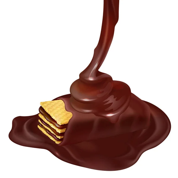 Cialda croccante vettoriale 3D con cioccolato versato — Vettoriale Stock