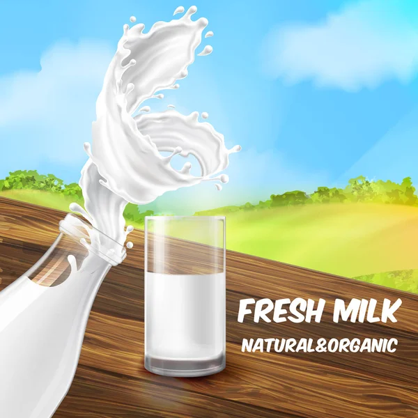 Ilustración vectorial de leche en botella y vaso. Cartel del producto agrícola en la mesa de madera sobre el fondo verde del campo . — Vector de stock