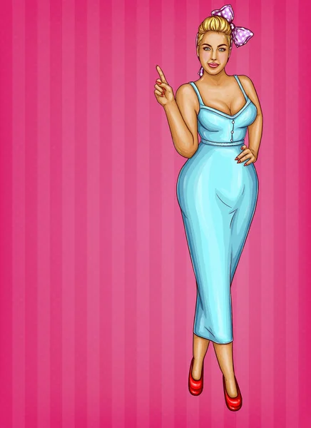 Vector mujer rubia con sobrepeso sobre fondo rayado rosa, pop art modelo de tamaño más apuntando con un dedo a los descuentos, venta — Archivo Imágenes Vectoriales
