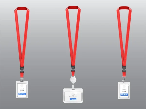 Ensemble vectoriel de cartes d'identité, badges avec cordons rouges — Image vectorielle