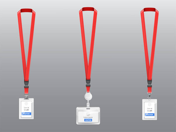 Vector set of ID cards, badges with red lanyards