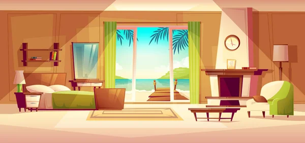 Panorama vettoriale degli interni della villa. Camera da letto di hotel tropicale, resort, concetto di turismo — Vettoriale Stock