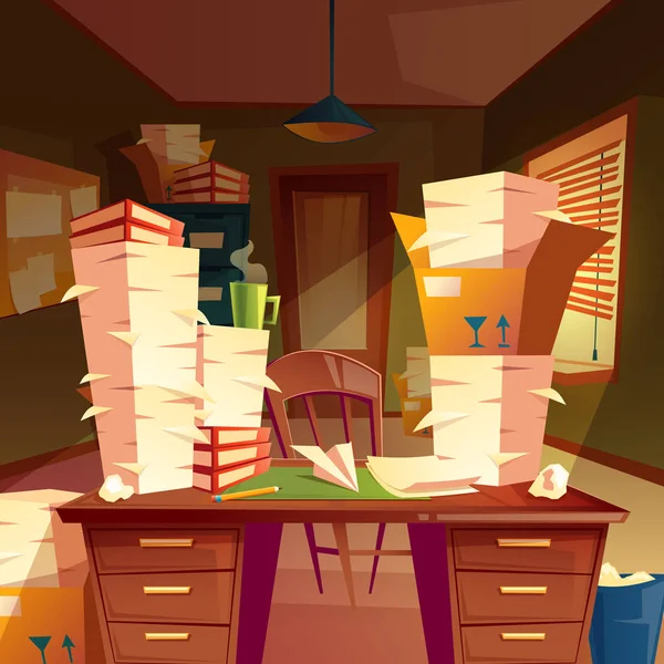 Bureau vide vectoriel avec piles de papier, paperasse — Image vectorielle