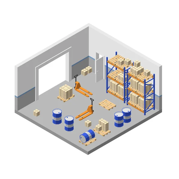 Vector 3d armazenamento isométrico, armazém de fábrica, armazém —  Vetores de Stock
