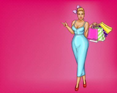 Mavi elbiseli sarışın kilolu kadın vektör, Çantalar, paketler alışveriş sonra yay-düğüm pembe bir arka plan üzerinde tutar. Pop art artı bir parmak indirimlerle, işaret boyutu model Satılık. Moda illüstrasyon