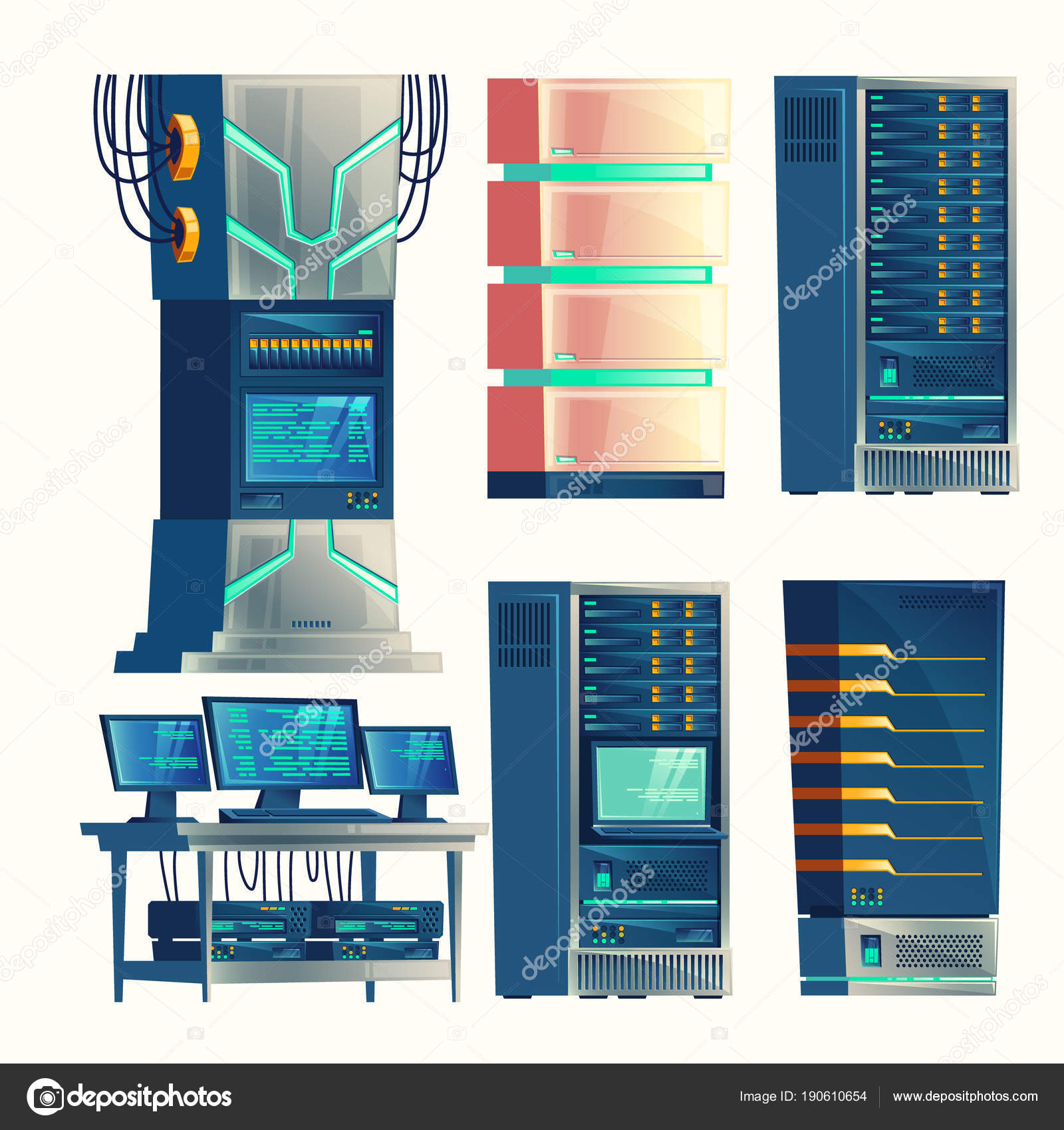 Vector Set Various Cartoon Control Room Server Racks Database