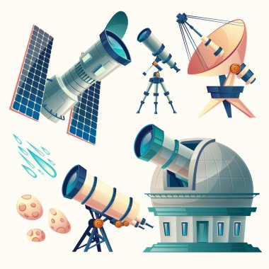 Vektör karikatür astronomi ayarlayın. Astronomik teleskop - radyo, orbital. Planetarium, Gözlemevi, uydu anteni, anten. Gözlem meteorlar için bilimsel donatım, kuyruklu yıldız gökyüzü.