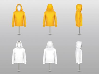Vektör gerçekçi hoodies mankenler üzerinde set ve metal Polonyalılar, uzun kollu ve ceplerinde iki renk beyaz ve sarı kazak unisex model arka plan üzerinde izole. Mockup giysi tasarımı için