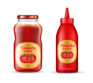 Kapalı kapakları ve Etiketler üzerinde arka izole ile vektör gerçekçi set ile iki şişe ketçap, plastik ve cam kavanozlar. Kırmızı domates sosu, Yapıştır, doğal baharatlı çeşni, mockup paket tasarımı için