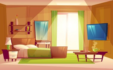 Vektör Karikatür İçinin rahat modern yatak odası, oturma odası Çift Kişilik Yatak, Tv seti, şifoniyer, kitaplık, halı, evin içinde. Renkli arka plan, daire concept mobilya ile