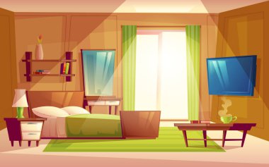 Vector cartoon interior of cozy modern bedroom, living room with double bed, TV set, dresser, bookshelf, carpet, house inside. Colorful background, apartment concept with furniture clipart